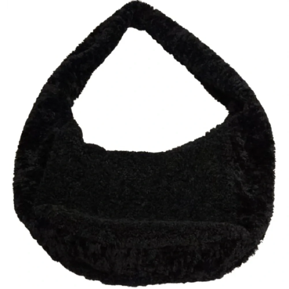 Anthropologie Black Sherpa Crossbody Sling Hobo Bag Gold Zippered New with Tags